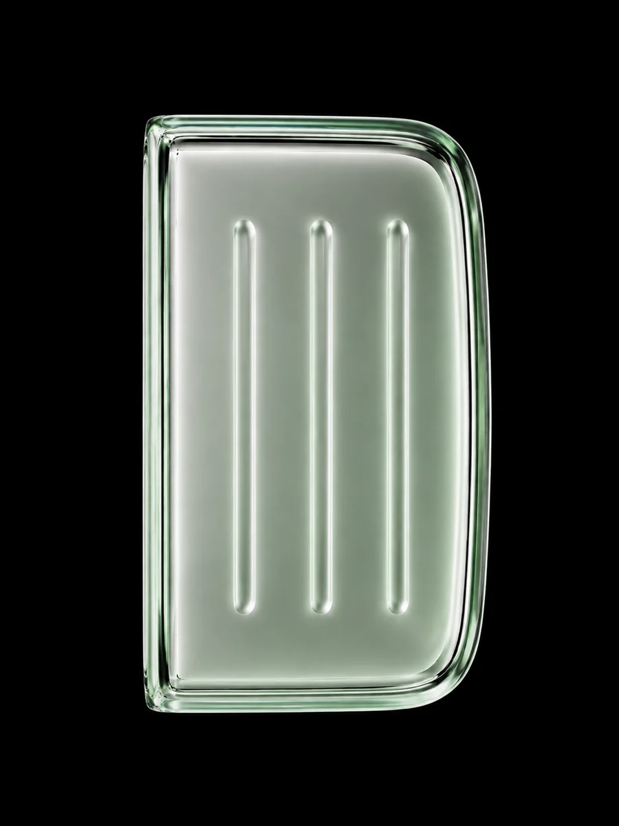 The glass wallet standing closed on its edge
