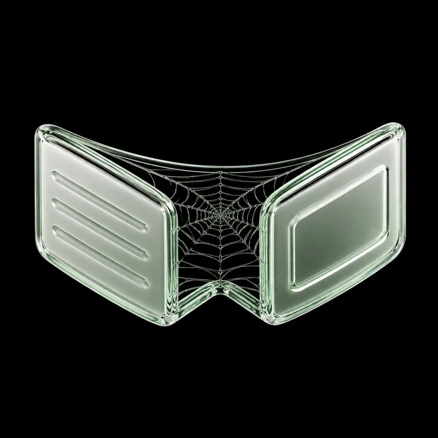 The glass wallet lying open with a web spun across the empty bill slot